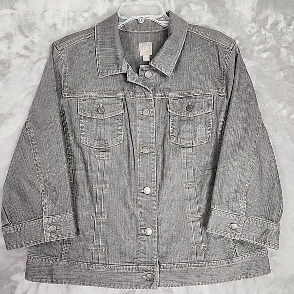 J Jill Jean Jacket Womens L Gray Denim Trucker 3/4 Sleeve Stretch Western Grunge - Picture 1 of 8